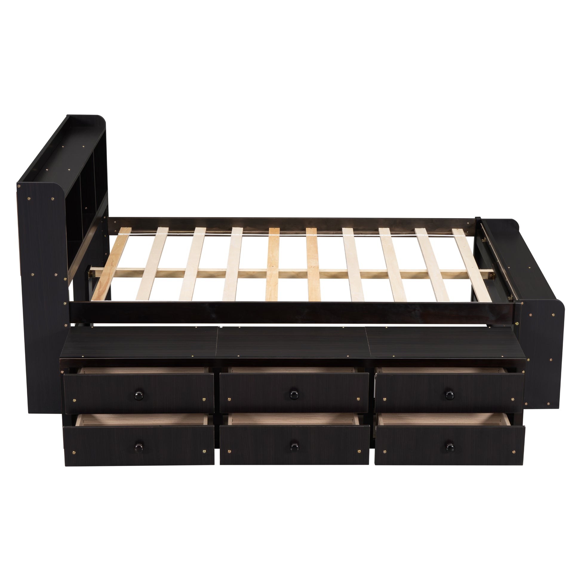 Dark espresso daybed frame with builtin storage drawers and shelving
