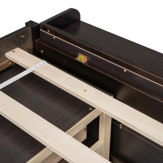 Dark wood storage bed frame detail with wooden slats and metal hardware