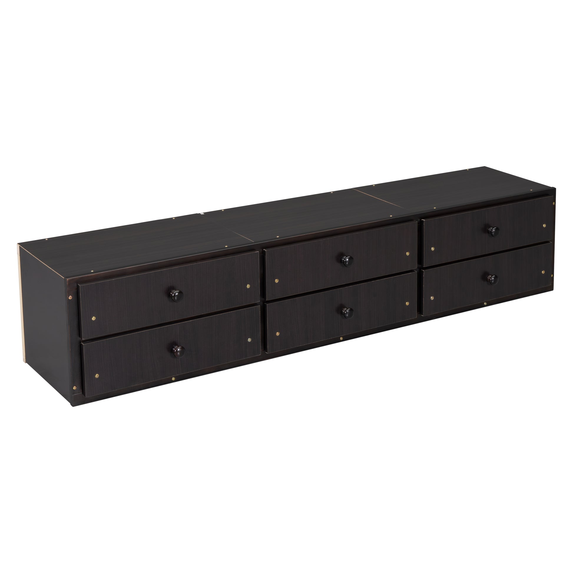 Dark brown drawer dresser with black knobs