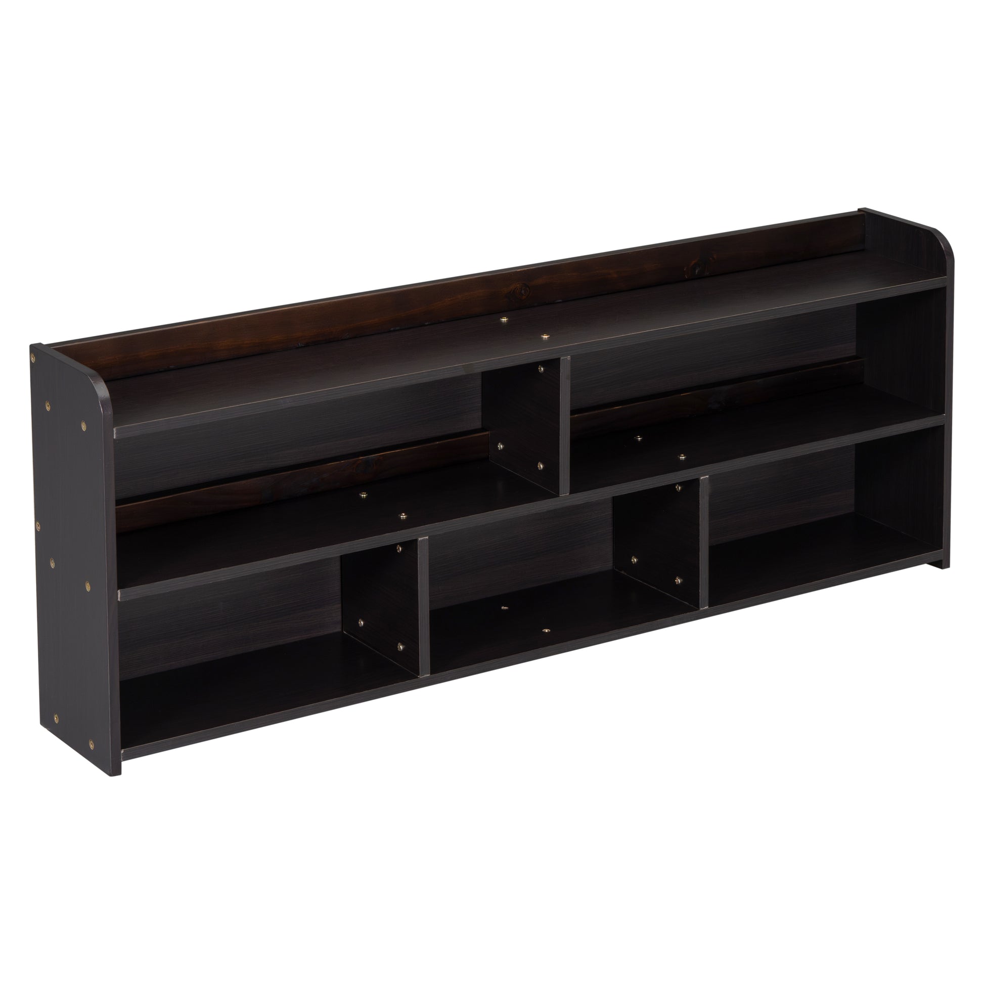 Dark brown wooden low bookshelf with six open compartments and a slatted back