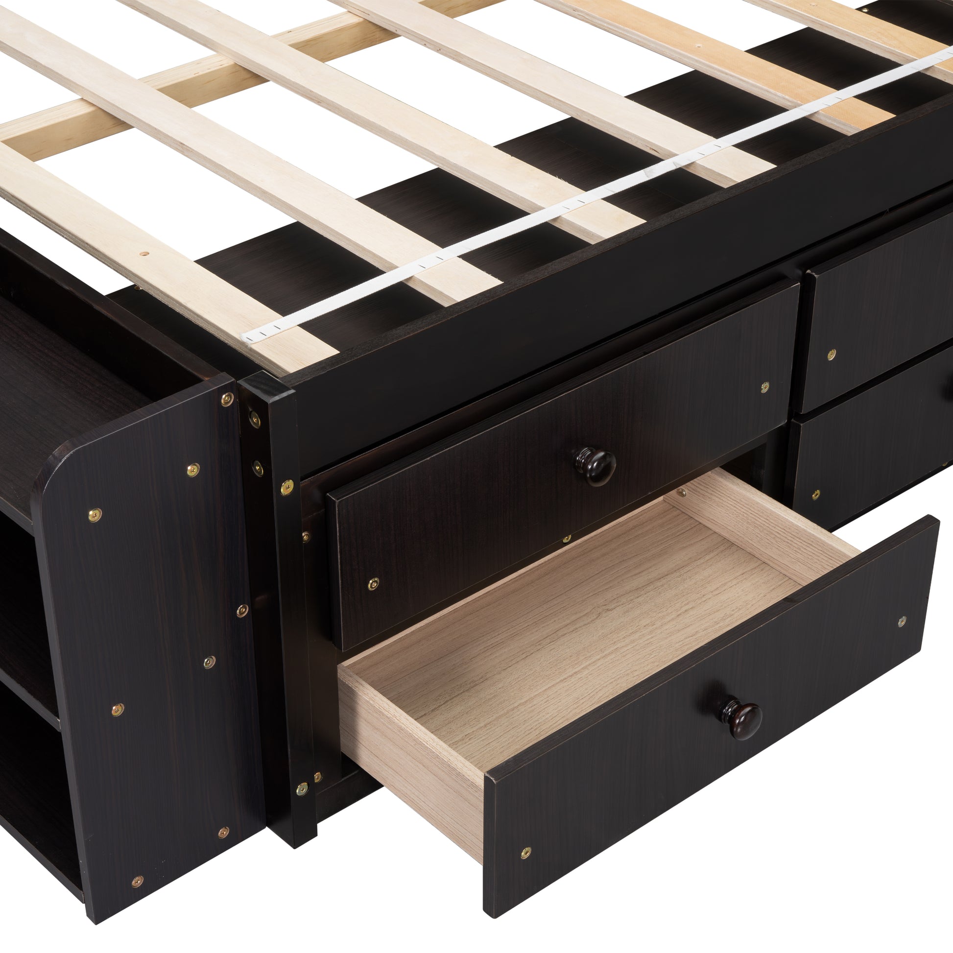 Dark brown wood twin bed frame with three drawers and open shelves