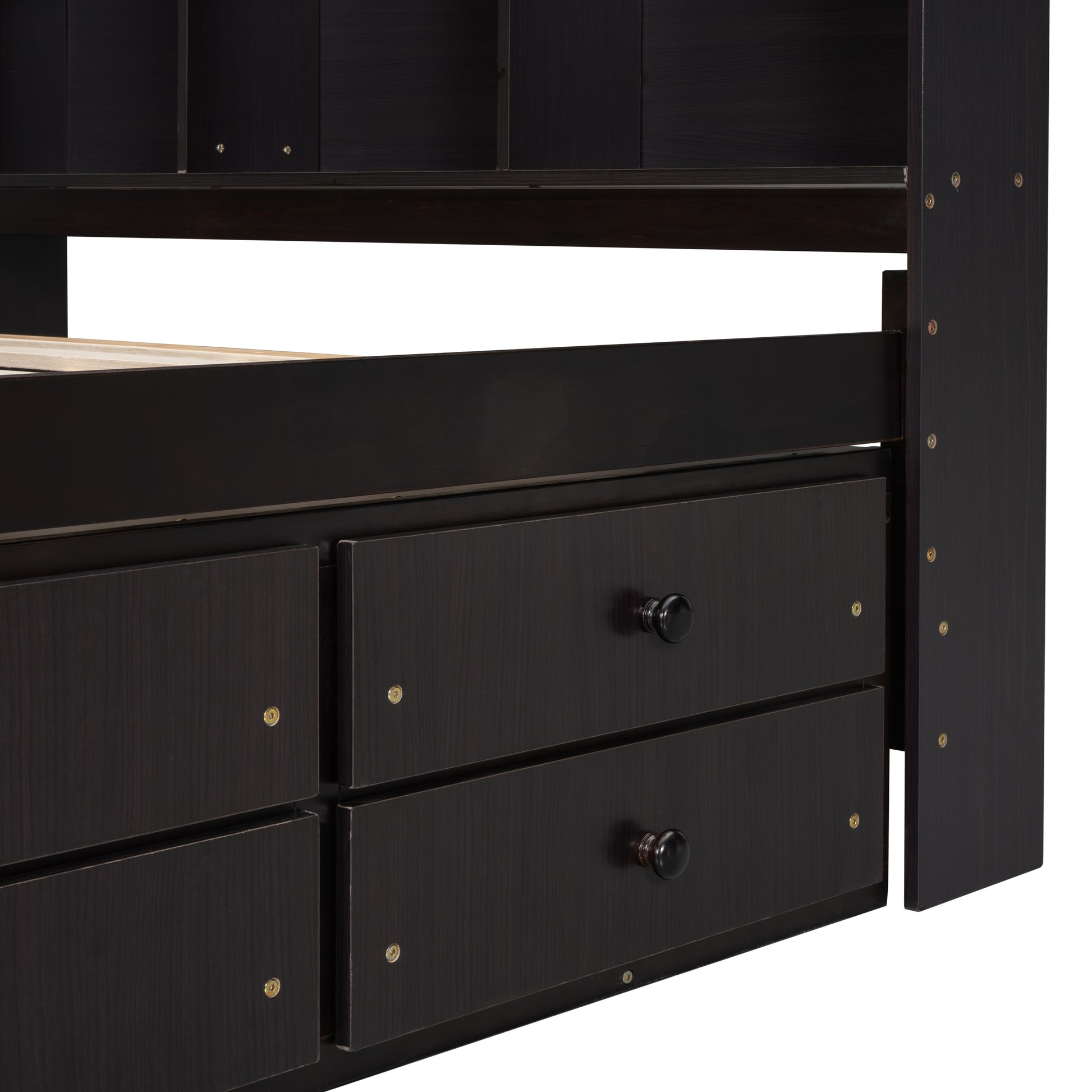 Dark espresso twin captains bed with four drawers for storage and a builtin shelf unit