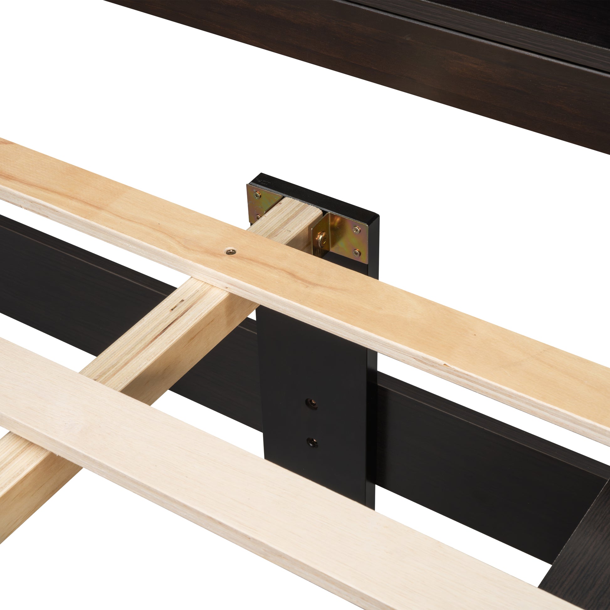 Dark wood bed frame support with natural wood slats