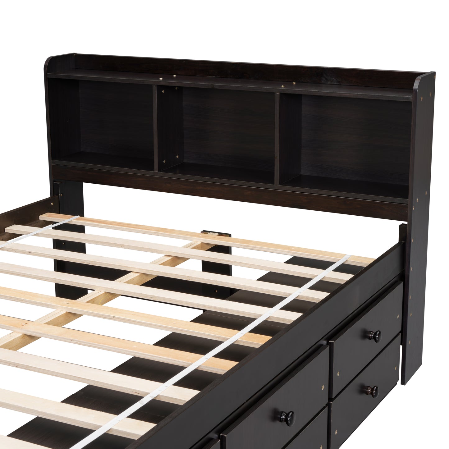 Dark espresso storage bed with builtin headboard shelving