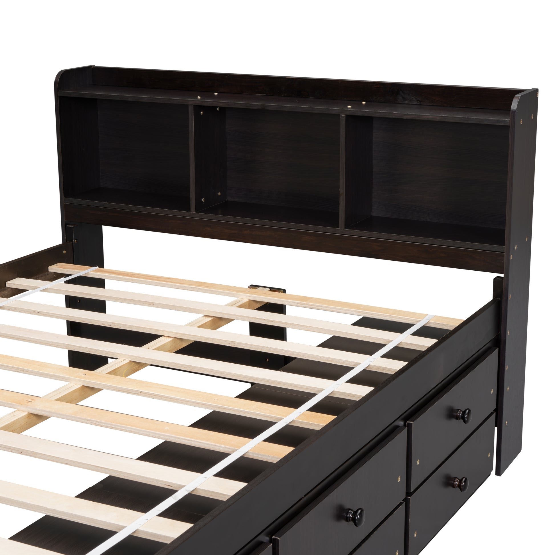 Dark espresso storage bed with builtin headboard shelving
