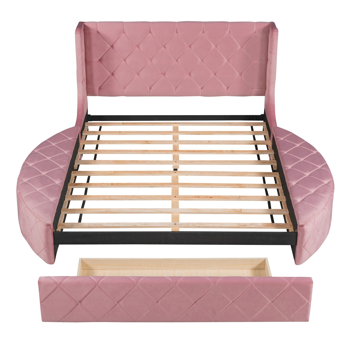 Pink velvet wingback bed with diamond tufting and wooden slats