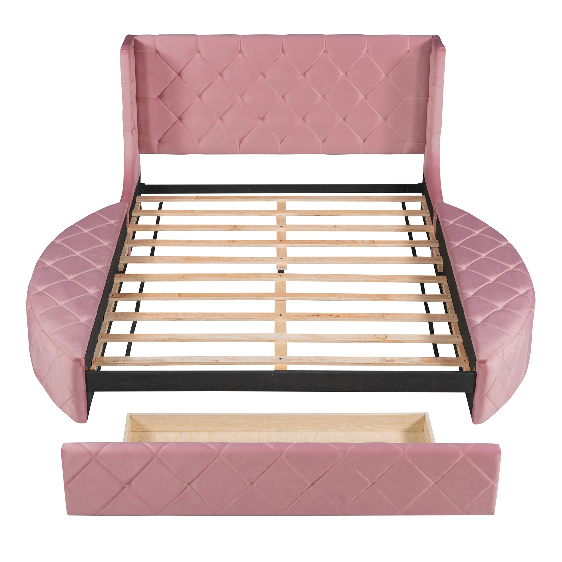 Pink velvet wingback bed with diamond tufting and wooden slats