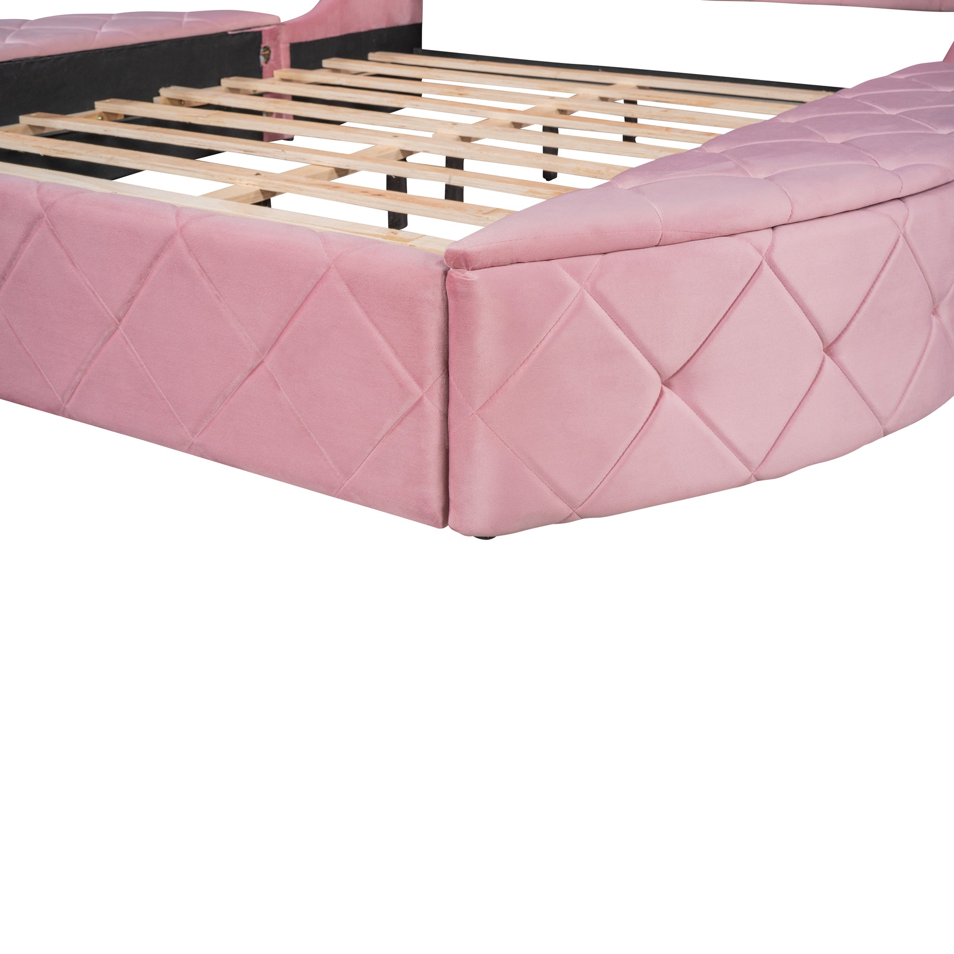 Pink velvet bed frame with diamond tufting and wood slat support system