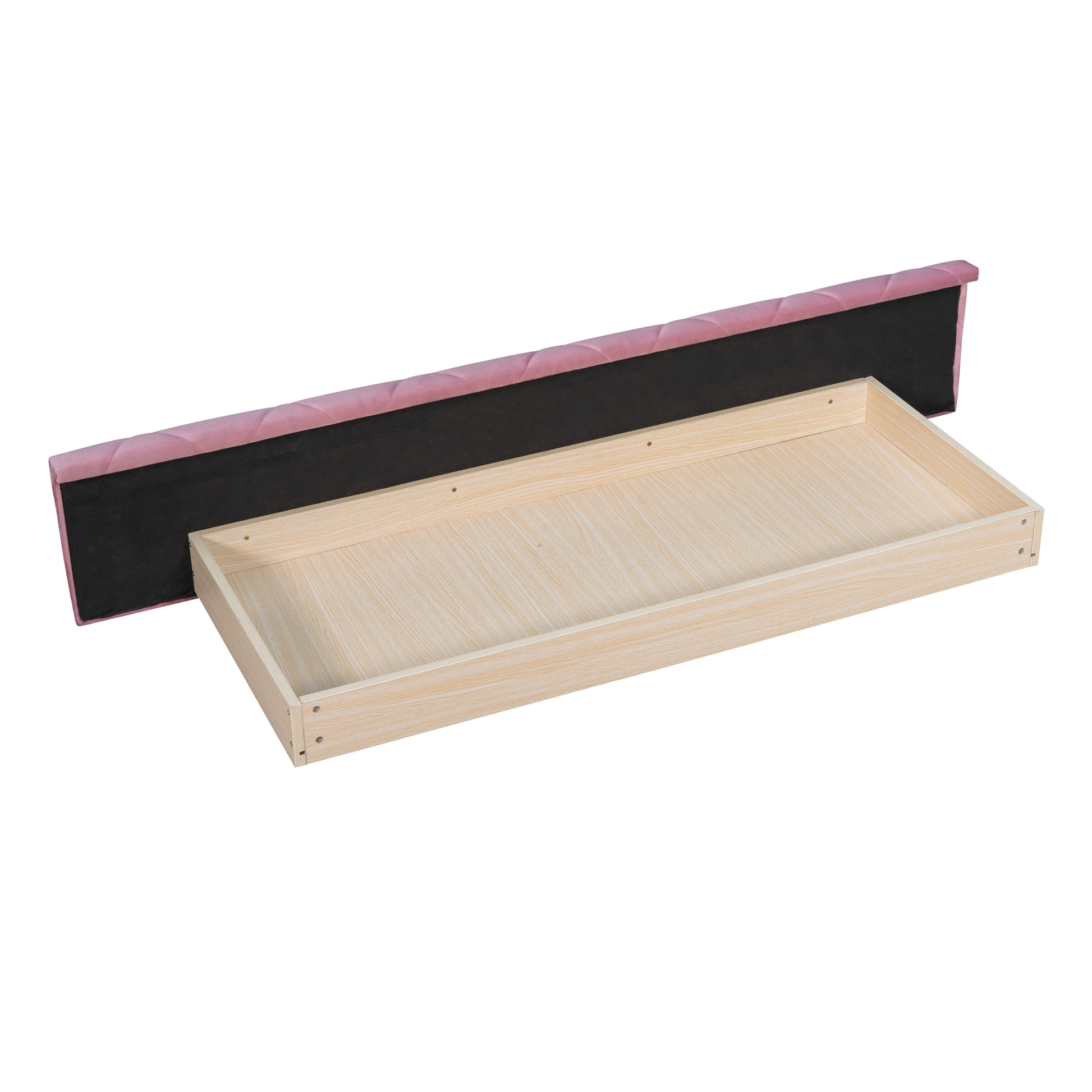 Pink tufted velvet bed skirt with attached wooden drawer