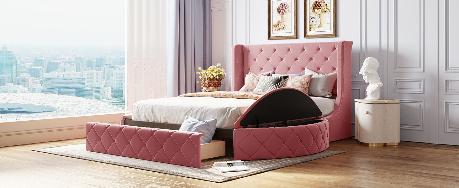 Pink velvet wingback bed with diamond tufting and storage