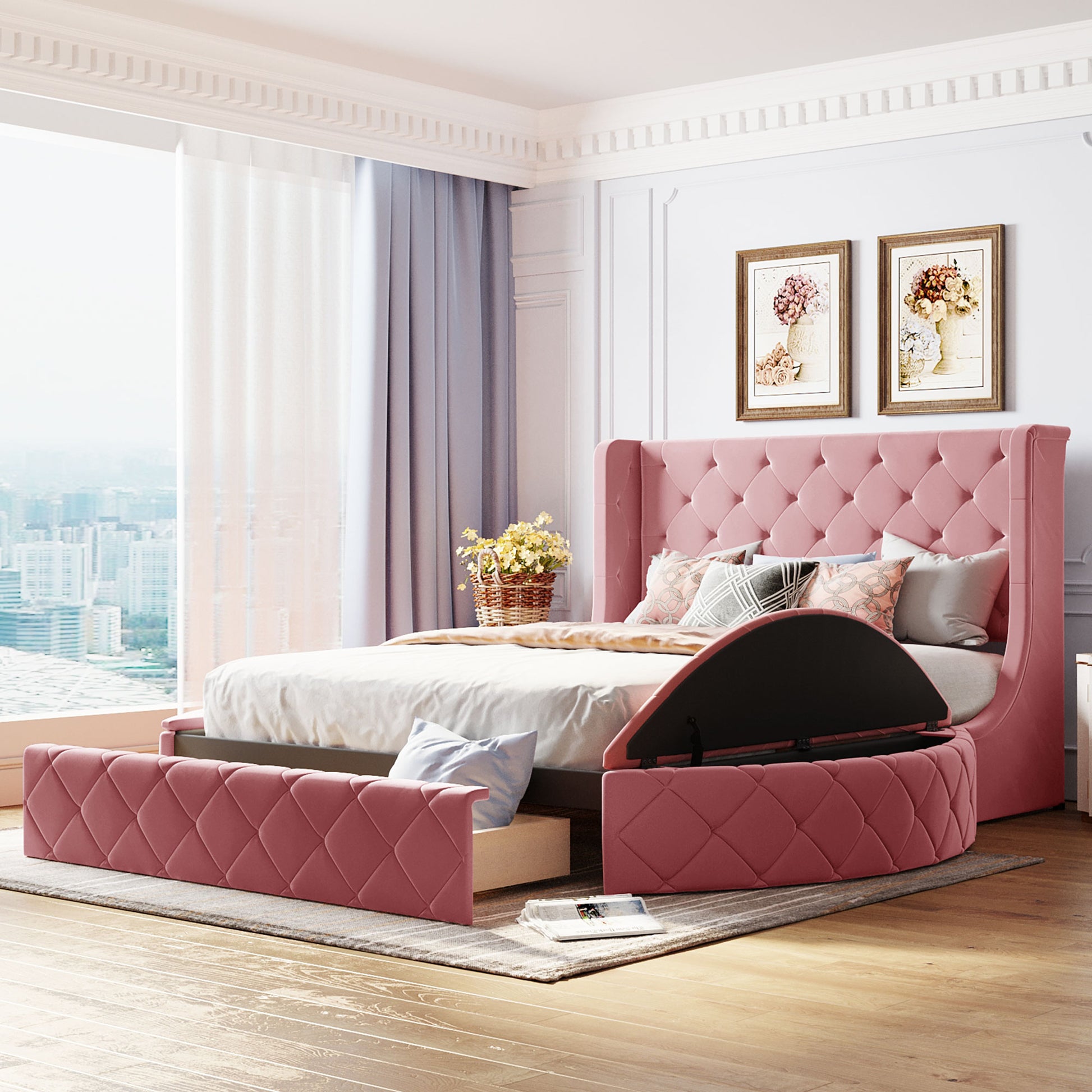 Pink velvet tufted wingback bed with hidden storage