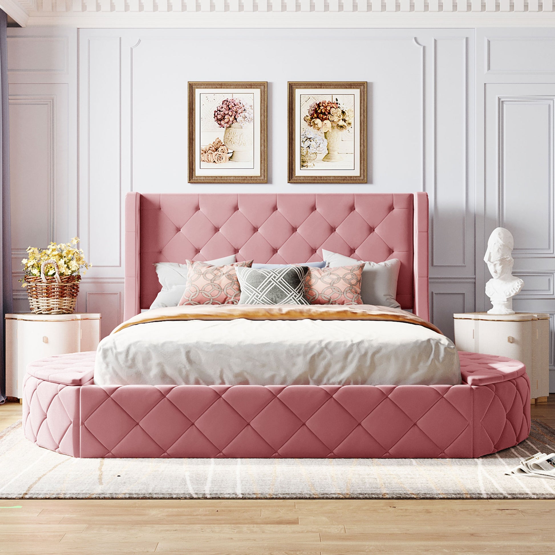 Pink velvet tufted round bed with diamond pattern