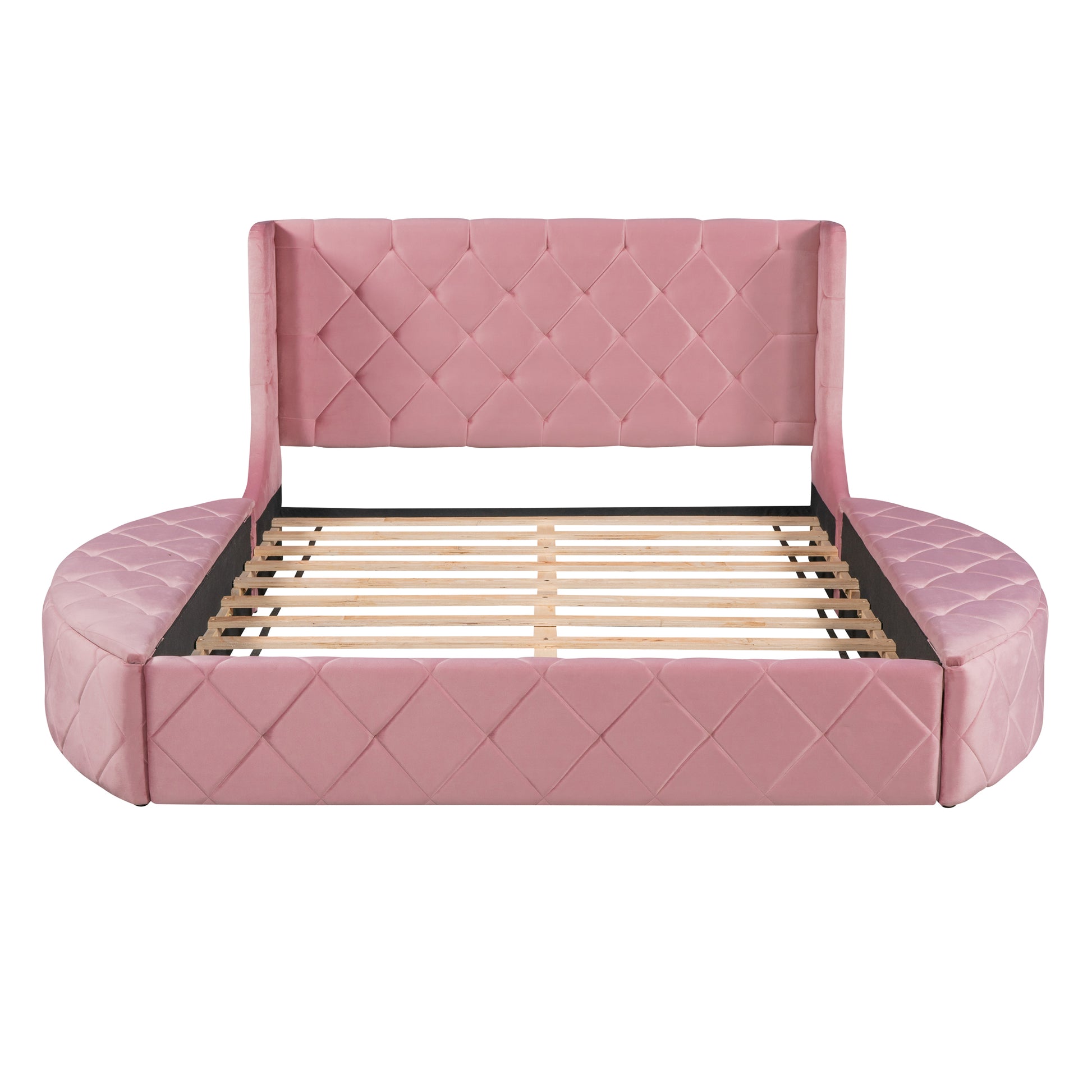 Pink velvet tufted round bed frame with wingback headboard
