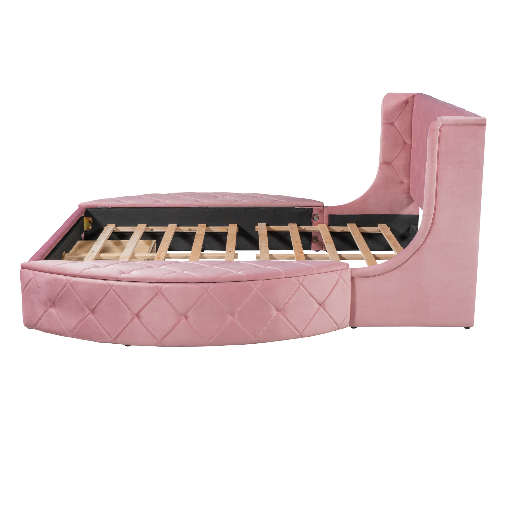 Pink velvet round bed with diamond tufting and storage
