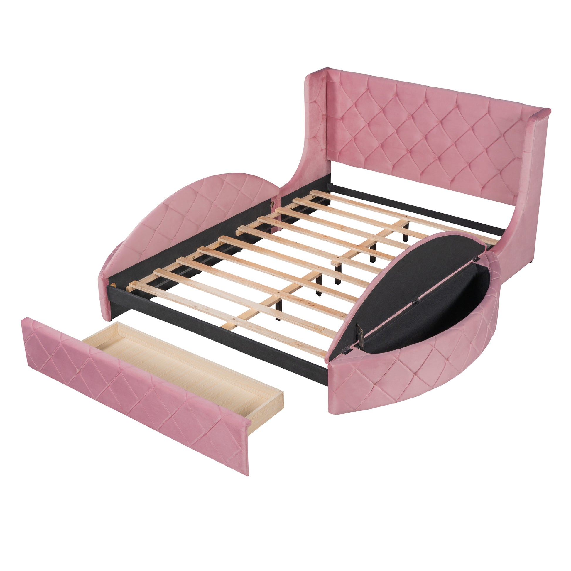 Pink velvet wingback bed frame with diamond tufting and two storage drawers