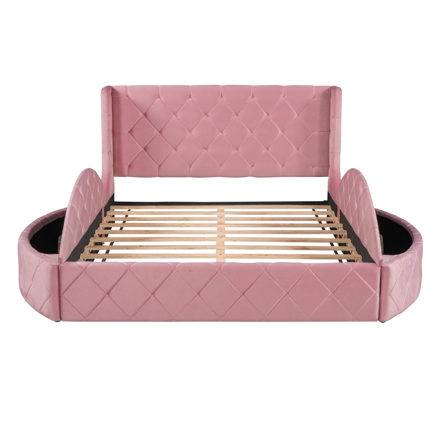 Pink velvet wingback bed frame with diamond tufting and rounded side accents