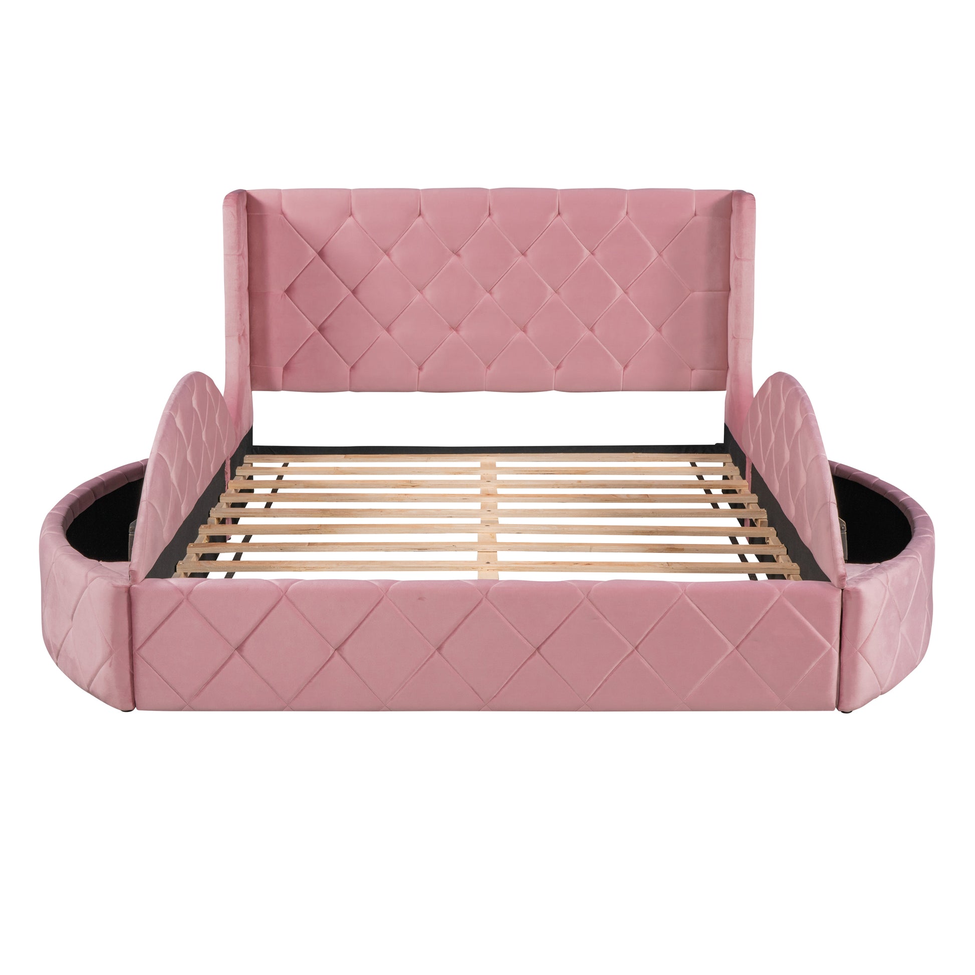 Pink velvet wingback bed frame with diamond tufting and rounded side accents