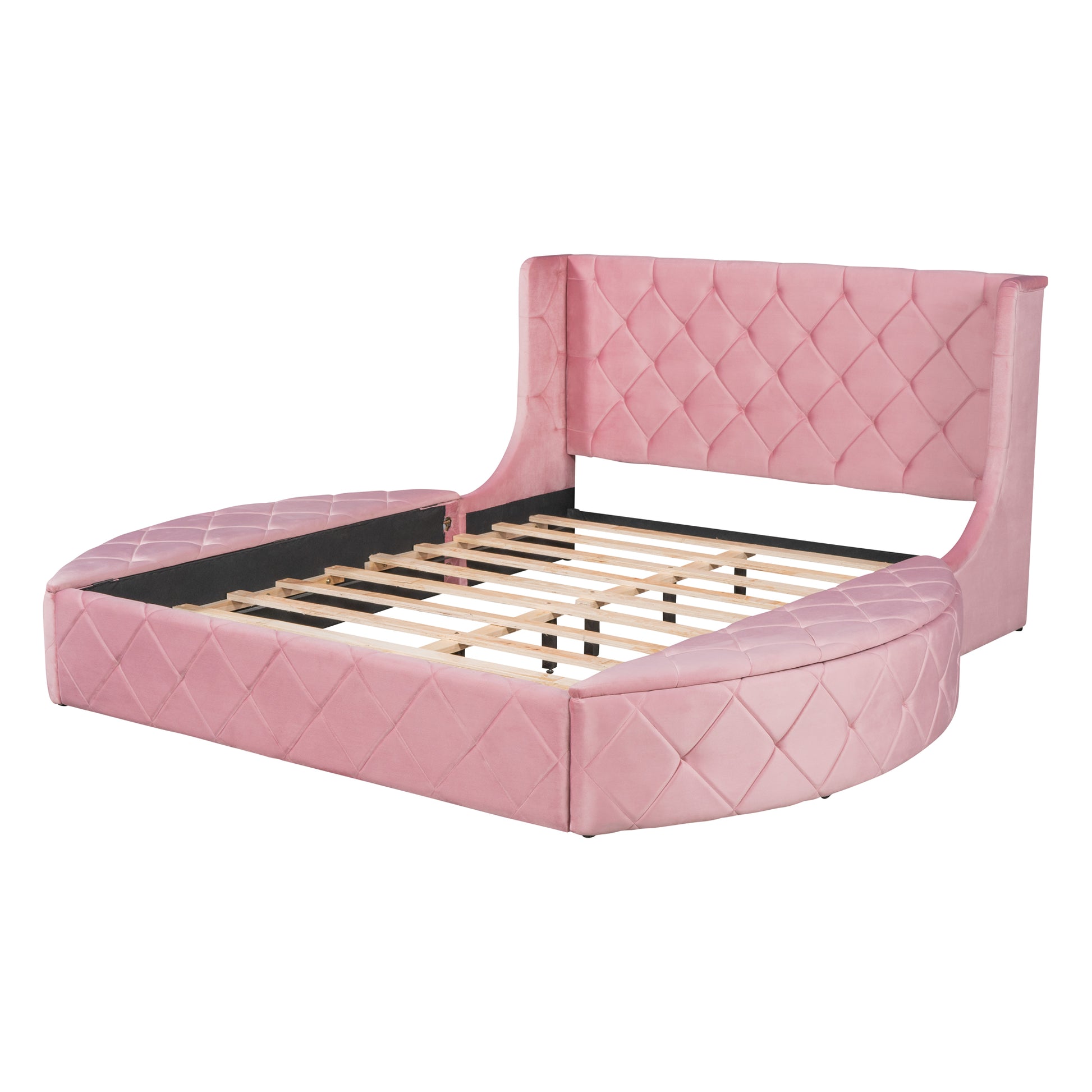 Pink velvet bed frame with diamond tufting and curved headboard