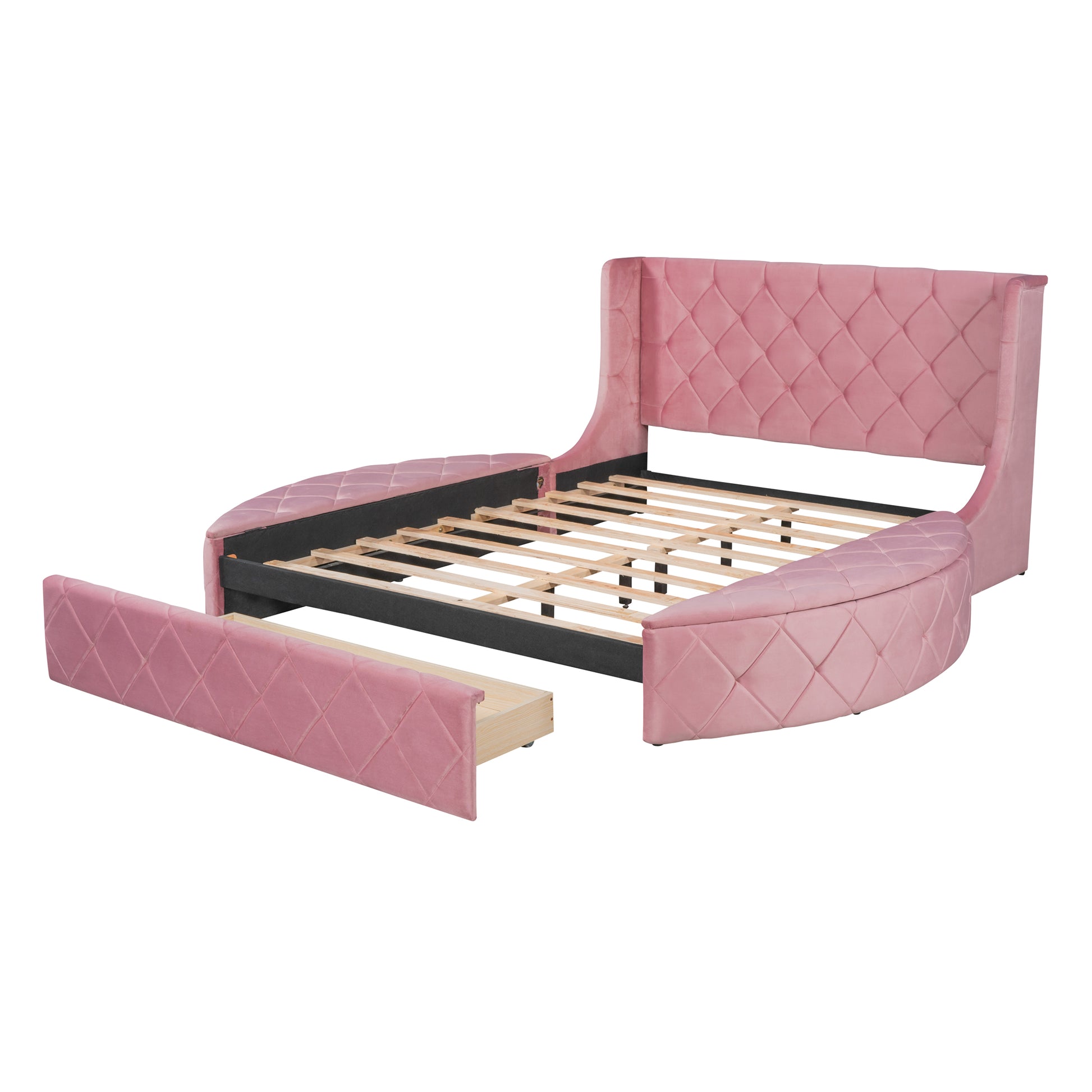 Pink velvet upholstered bed frame with diamond tufting and open drawer