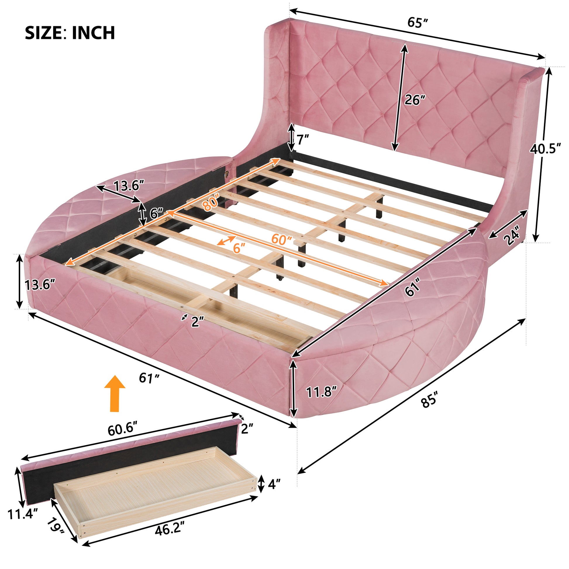 Pink velvet upholstered king bed frame with diamond tufting and storage drawer