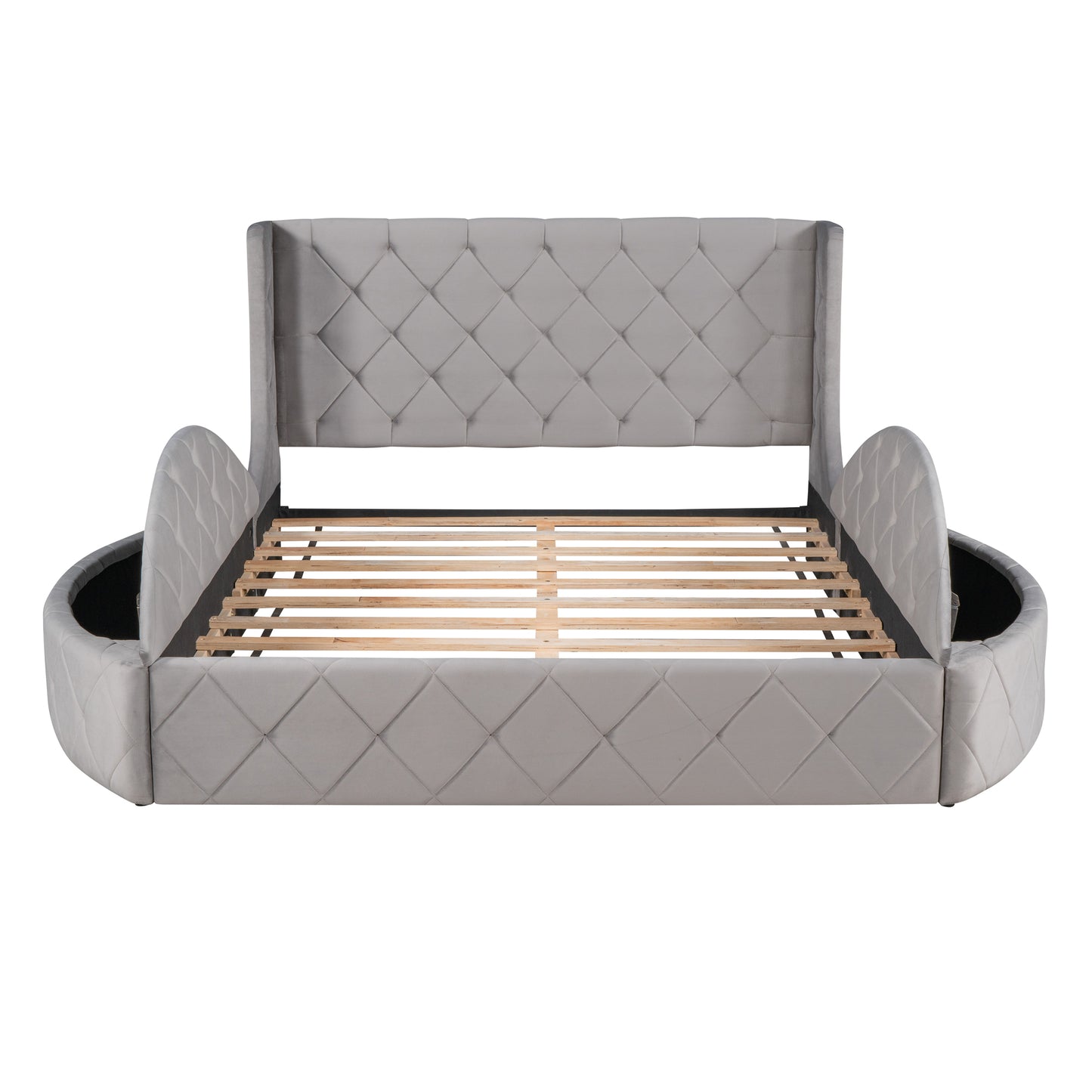 Grey velvet upholstered bed frame with diamond tufting and wooden slats