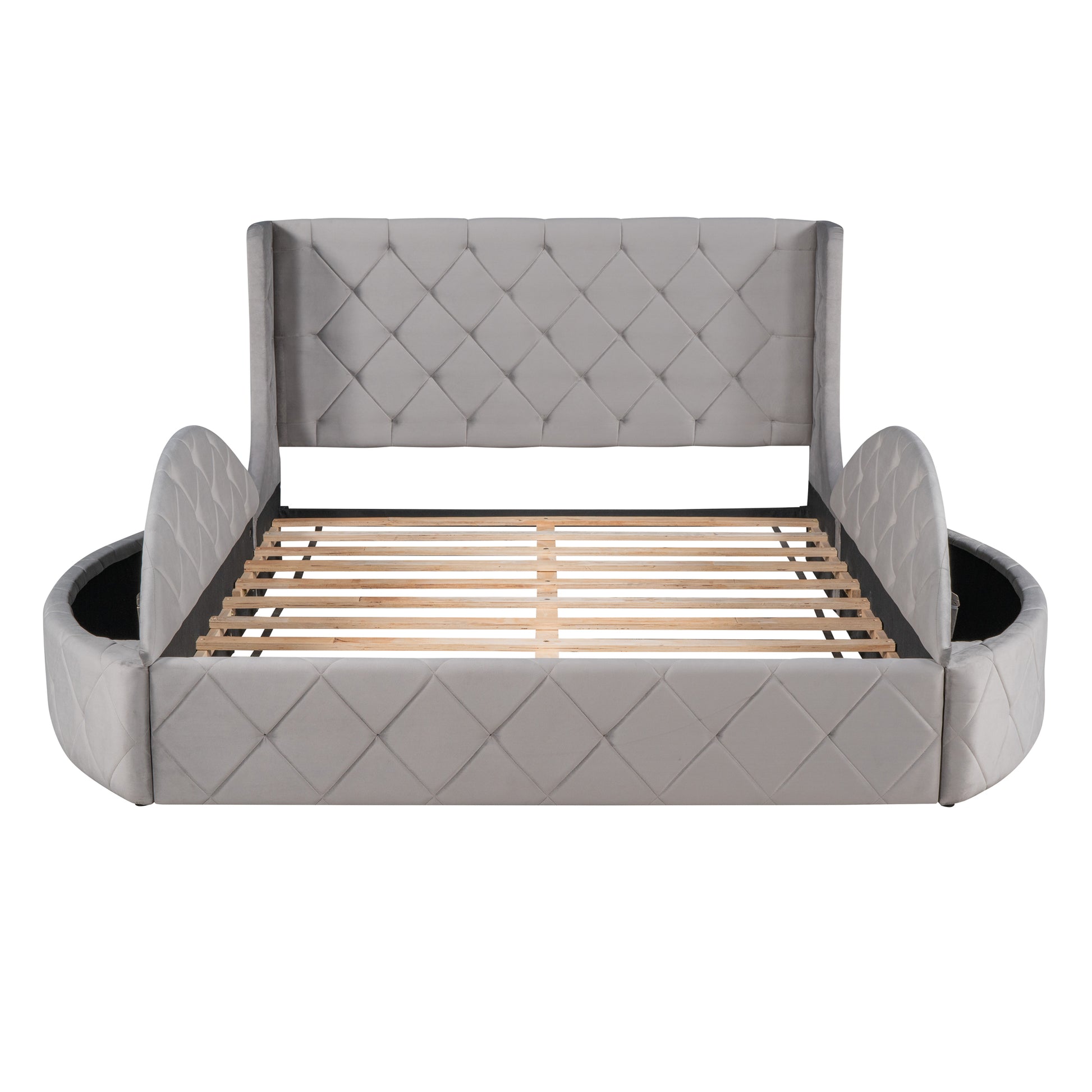 Grey velvet upholstered bed frame with diamond tufting and wooden slats