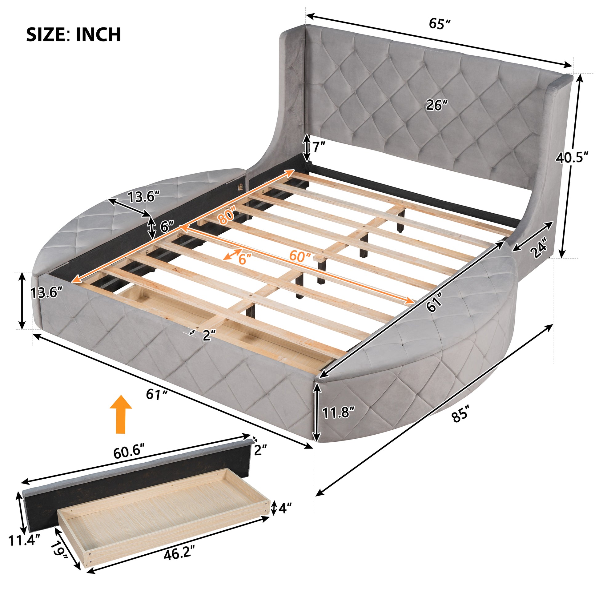 Gray upholstered bed frame with tufted headboard and curved side rails