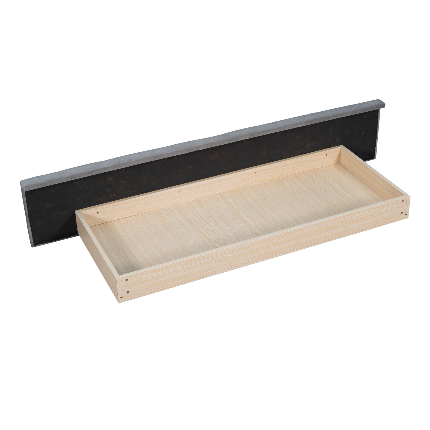 Grey upholstered bed frame headboard with open wooden drawer storage