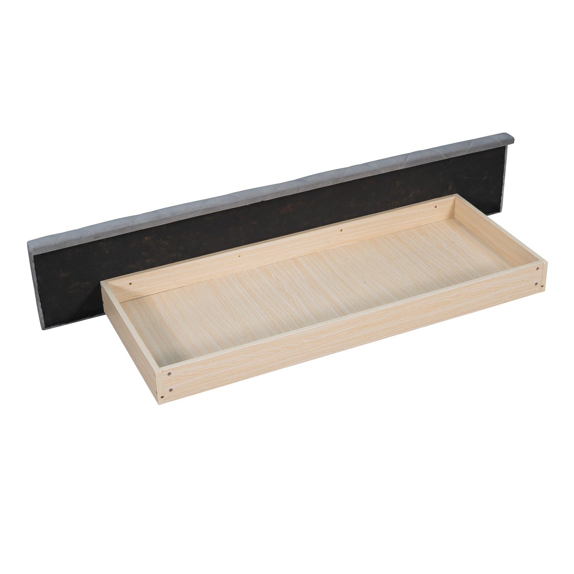 Grey upholstered bed frame headboard with open wooden drawer storage