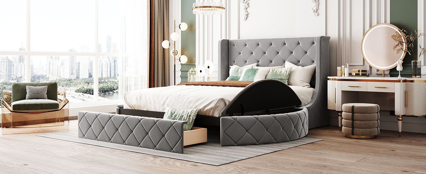 Grey velvet tufted storage bed with diamond pattern and storage ottoman