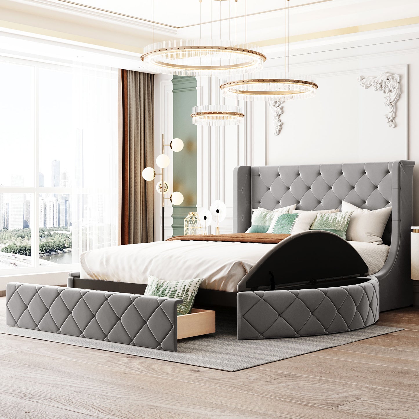 Gray velvet storage bed frame with tufted headboard and footboard