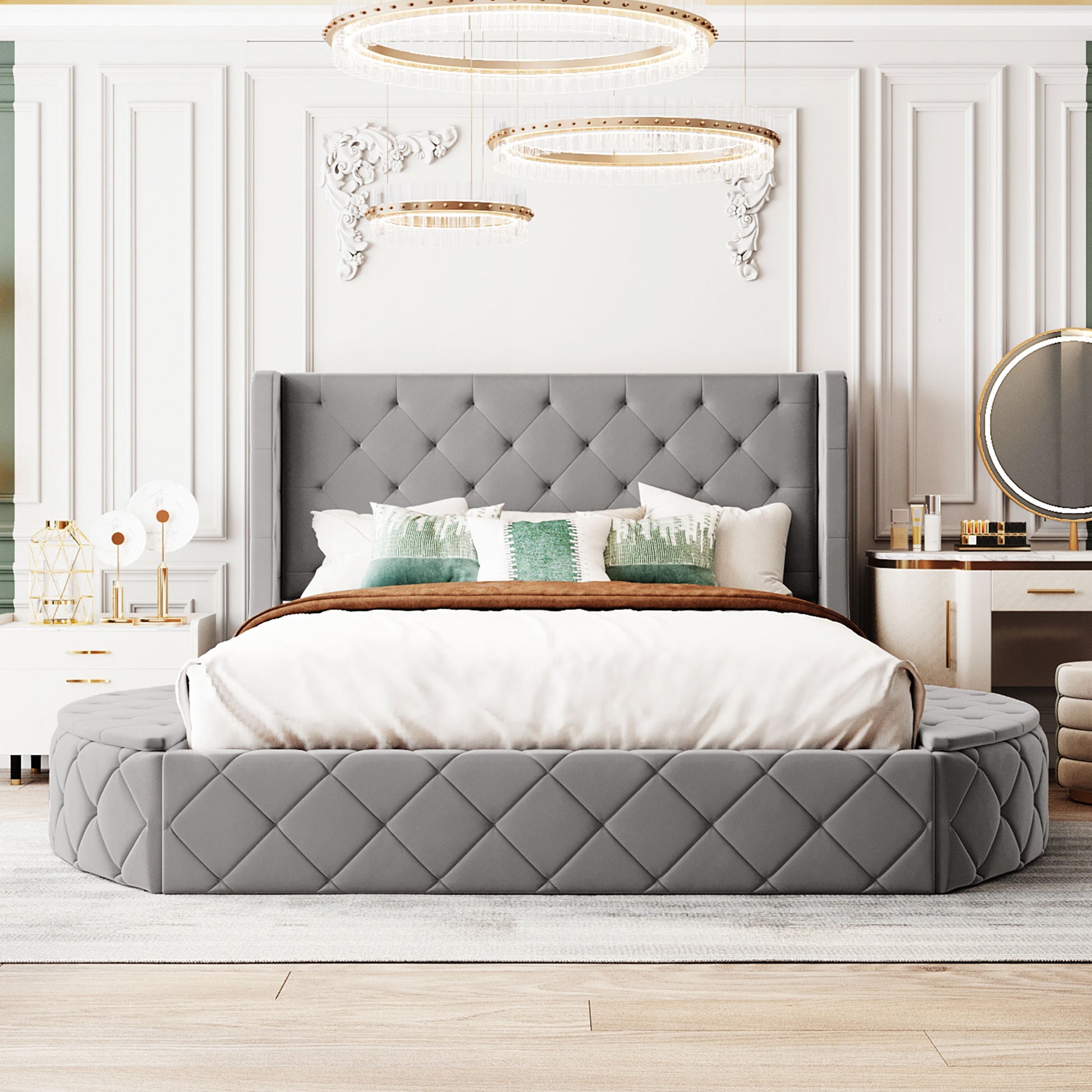 Grey velvet tufted king bed with diamond stitch upholstery and round base