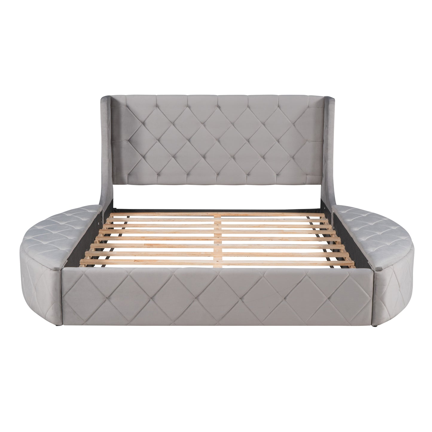 Tufted grey velvet circular bed frame with diamond pattern