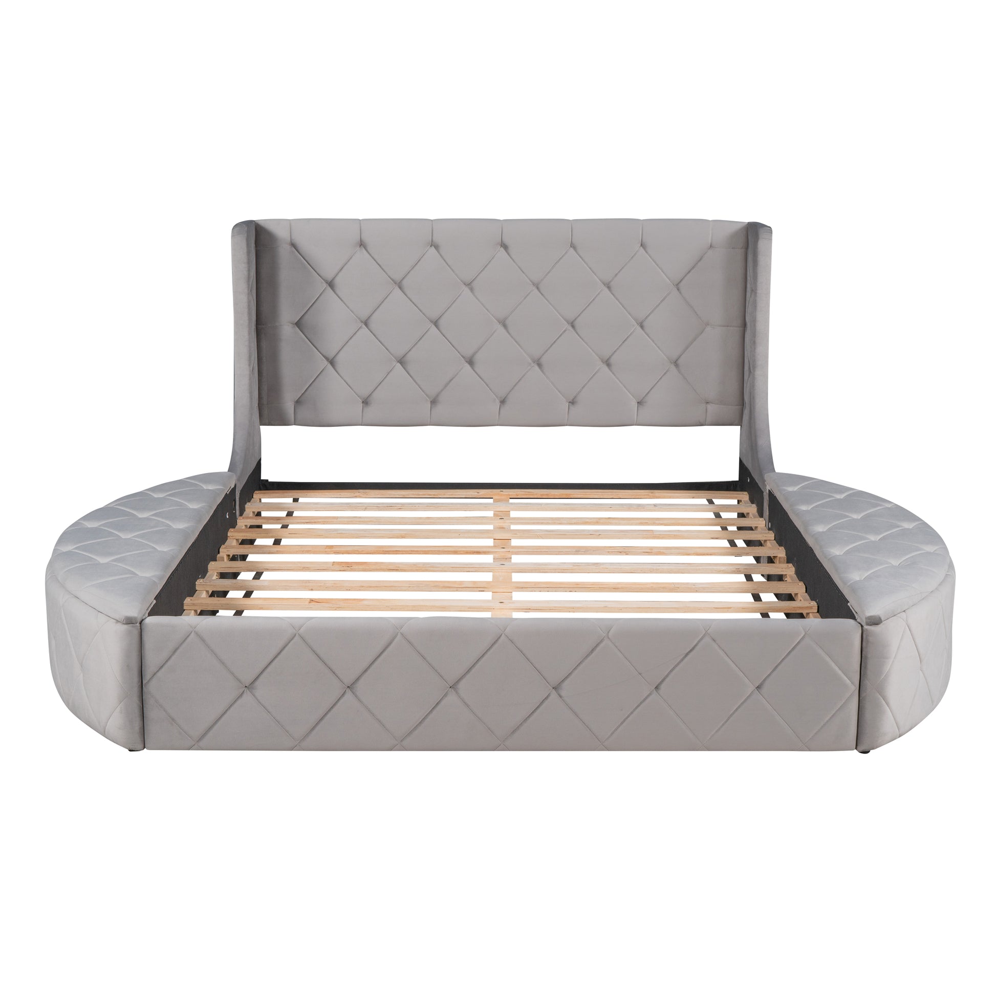 Tufted grey velvet circular bed frame with diamond pattern