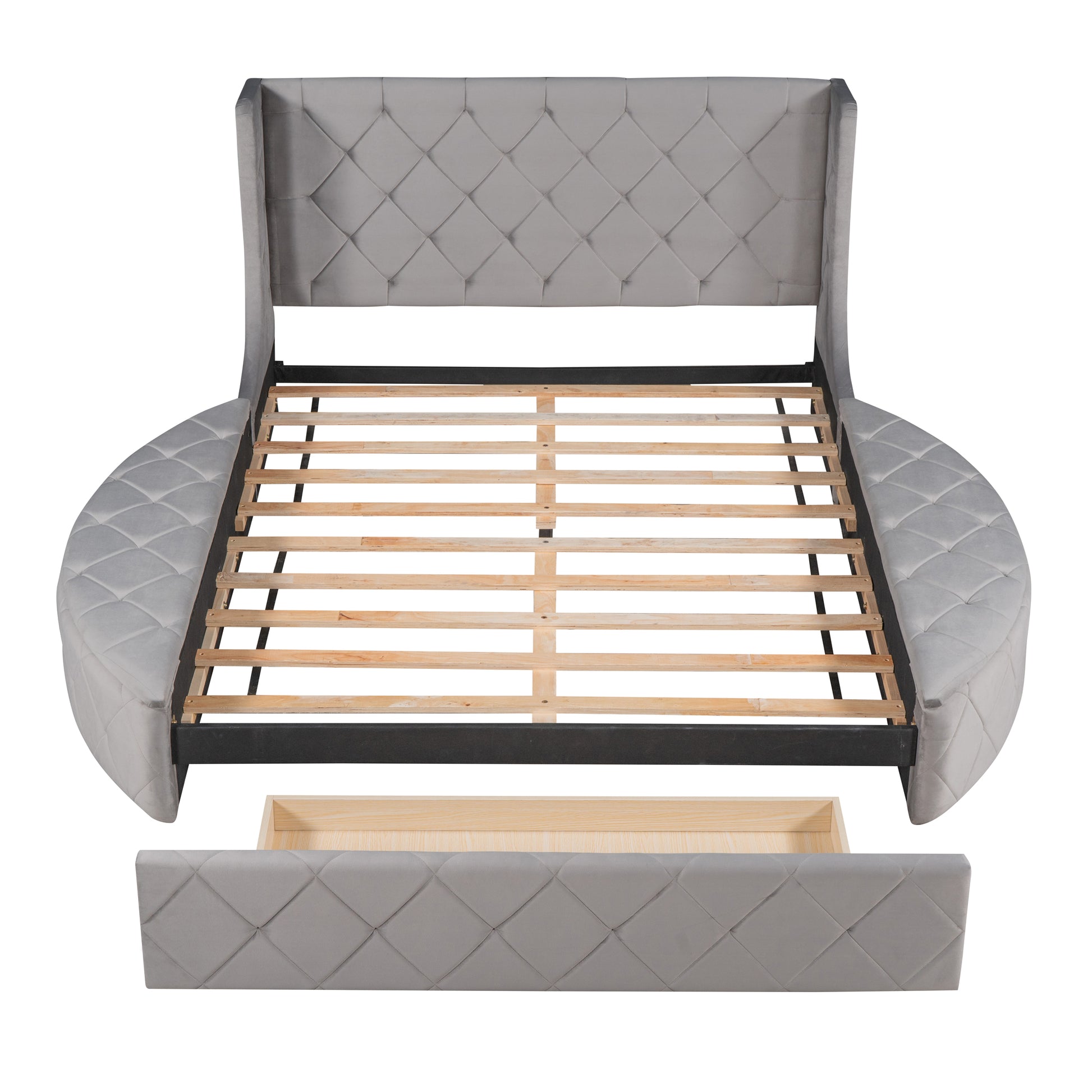 Grey velvet platform bed frame with tufted headboard and rounded sides