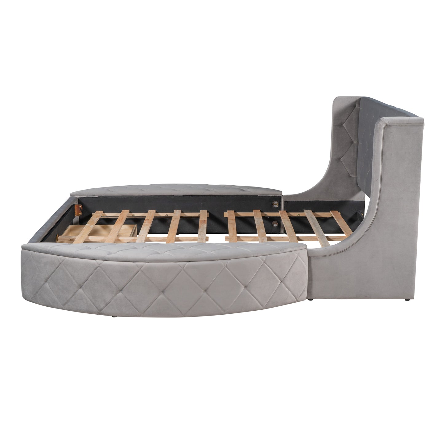 Gray velvet tufted round bed frame with storage