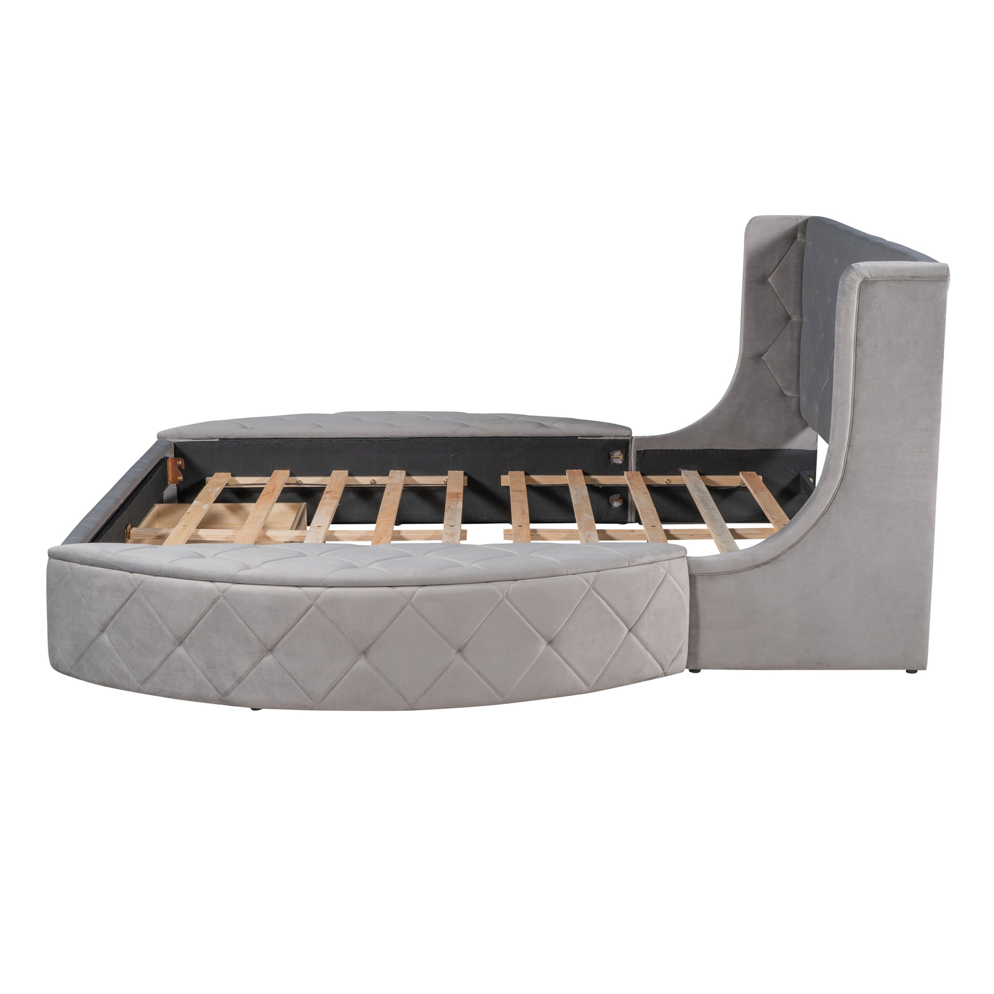 Gray velvet tufted round bed frame with storage