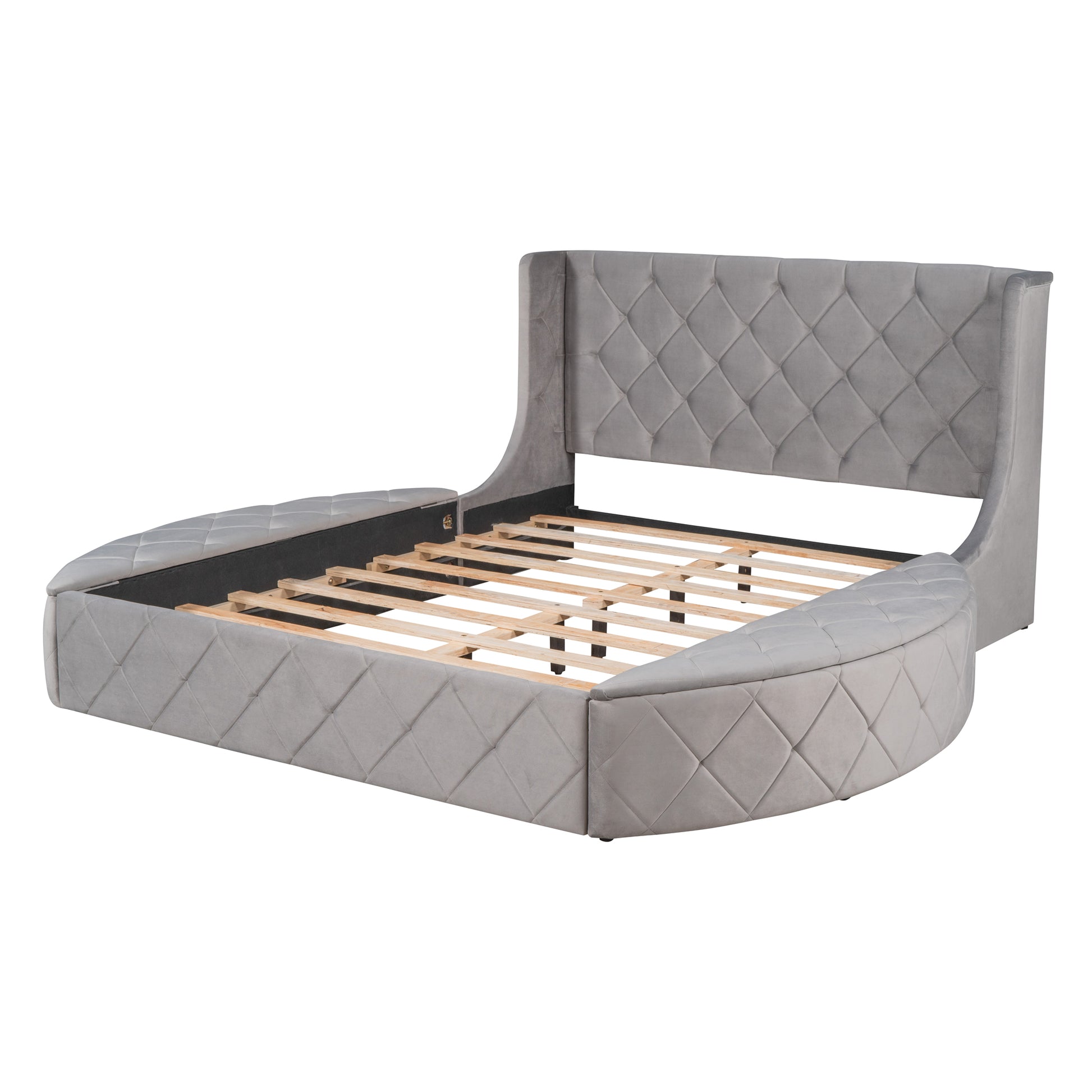 Grey velvet upholstered bed frame with diamond tufting and curved headboard