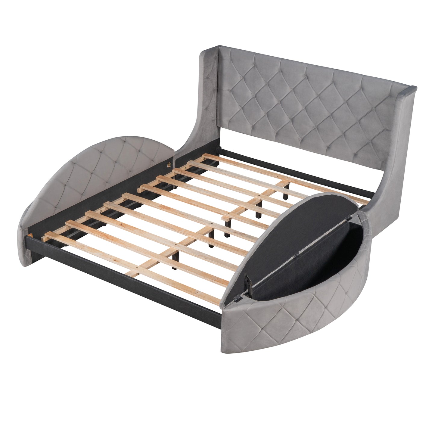 Grey velvet wingback bed frame with diamond tufting and wooden slats
