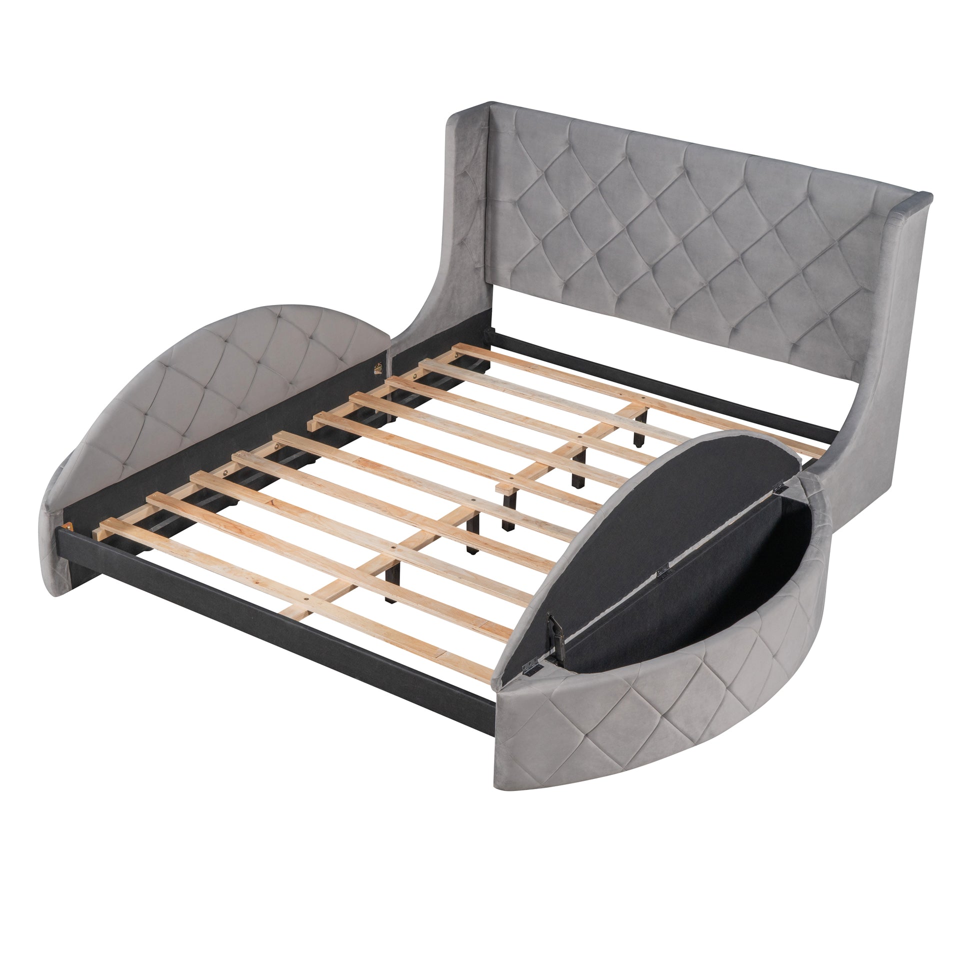 Grey velvet wingback bed frame with diamond tufting and wooden slats