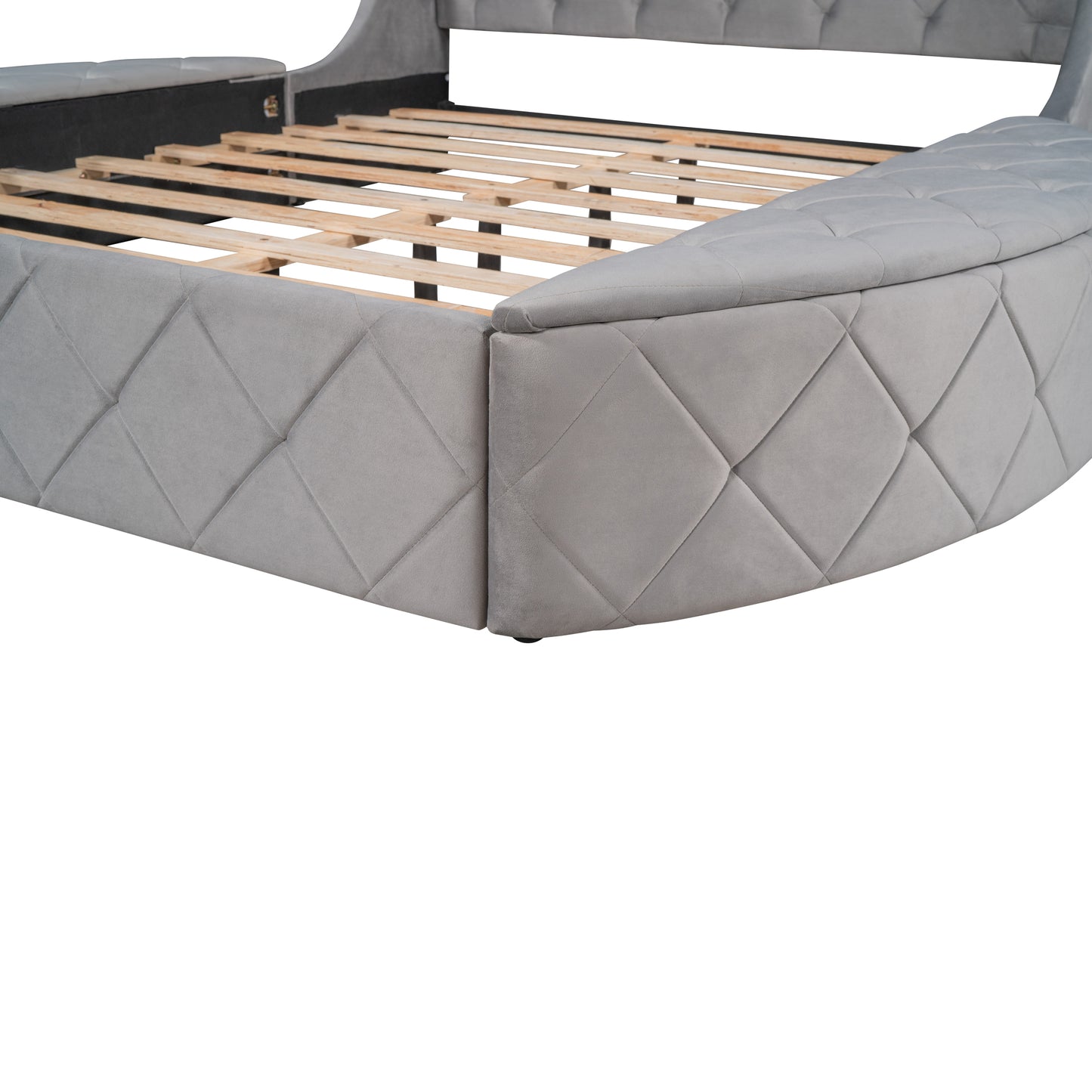 Gray velvet bed frame with diamond tufting
