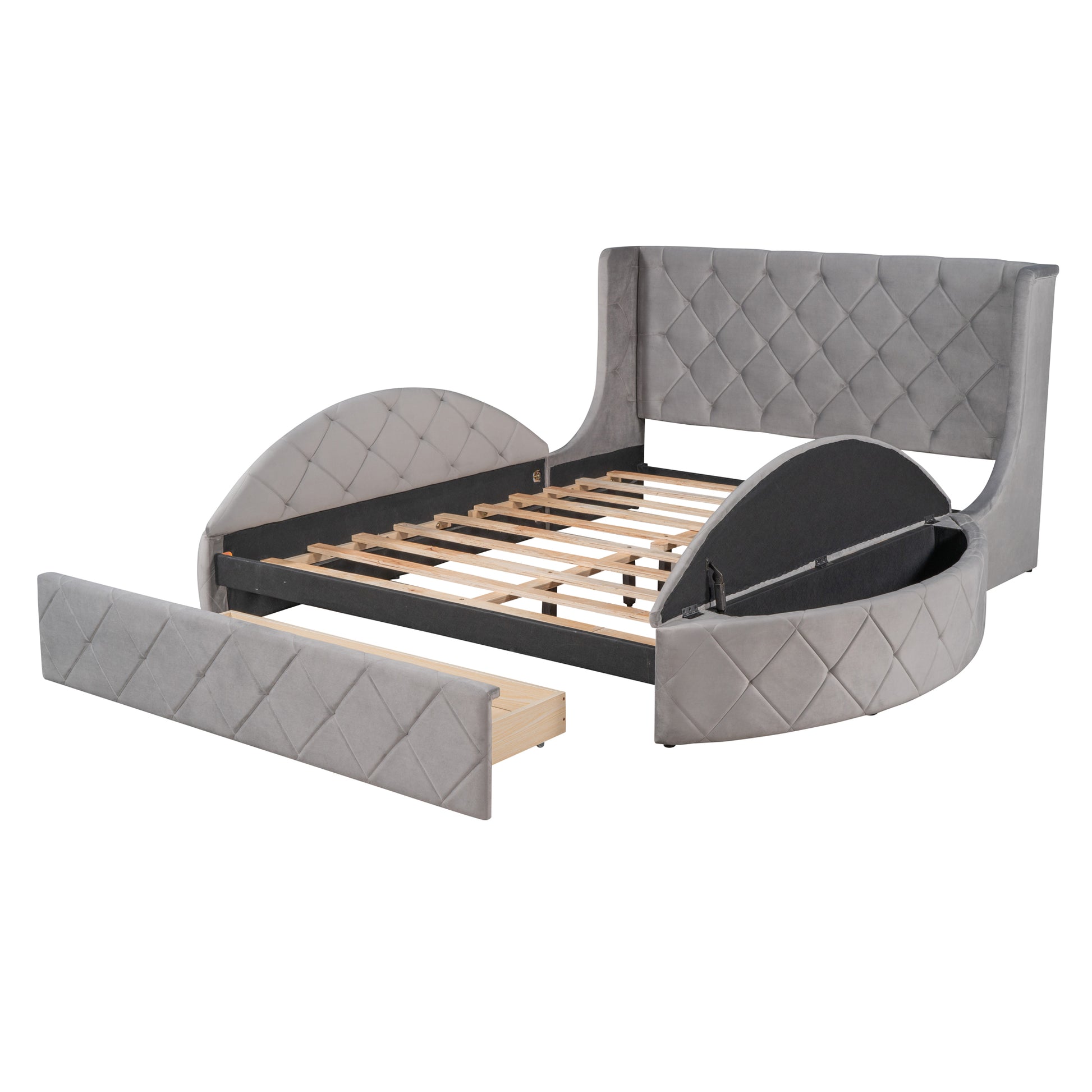 Gray velvet diamond tufted round bed with storage drawers and liftup ottoman