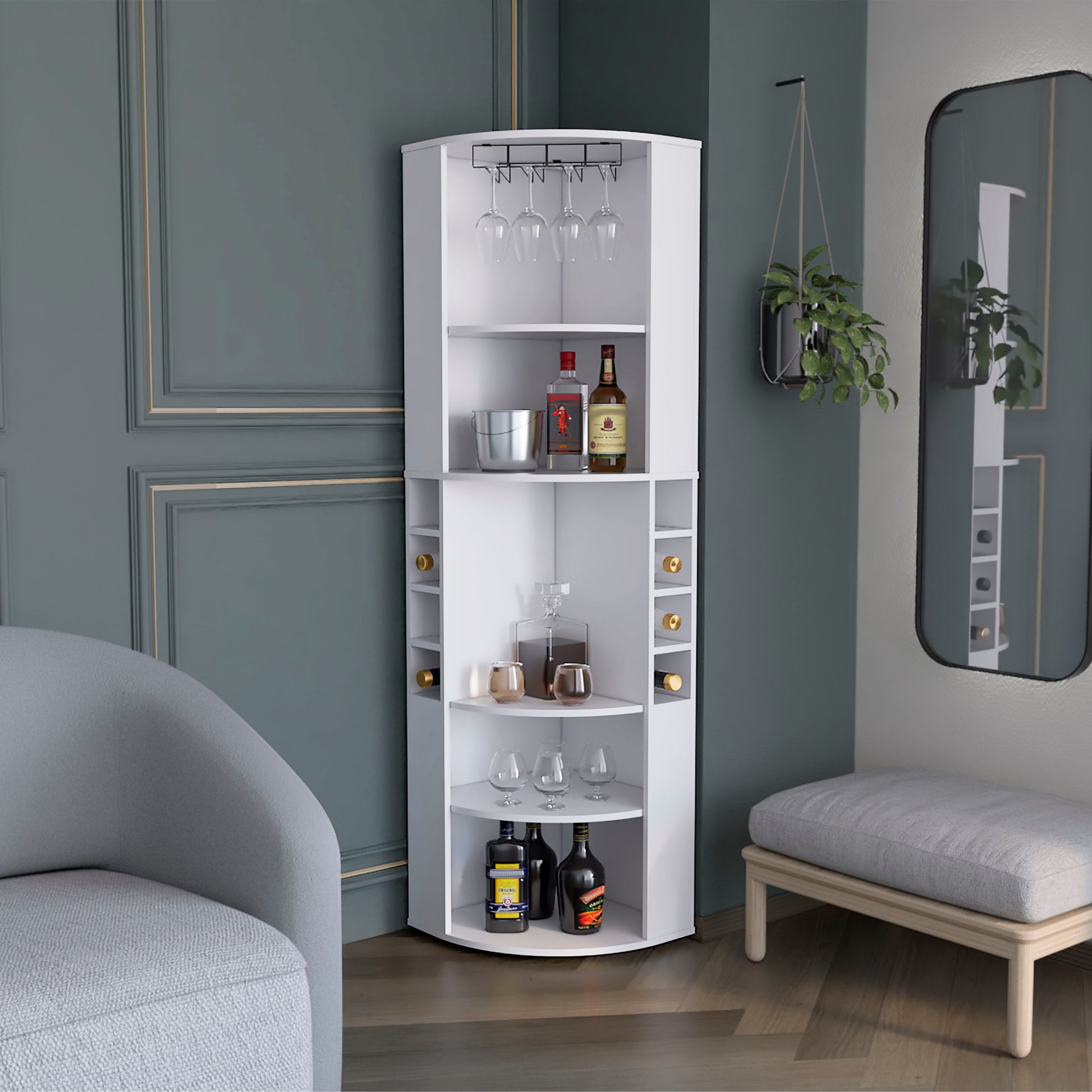 White corner bar cabinet with glass rack and wine shelves