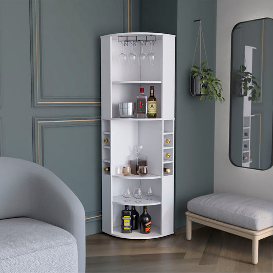 White corner bar cabinet with glass rack and wine shelves