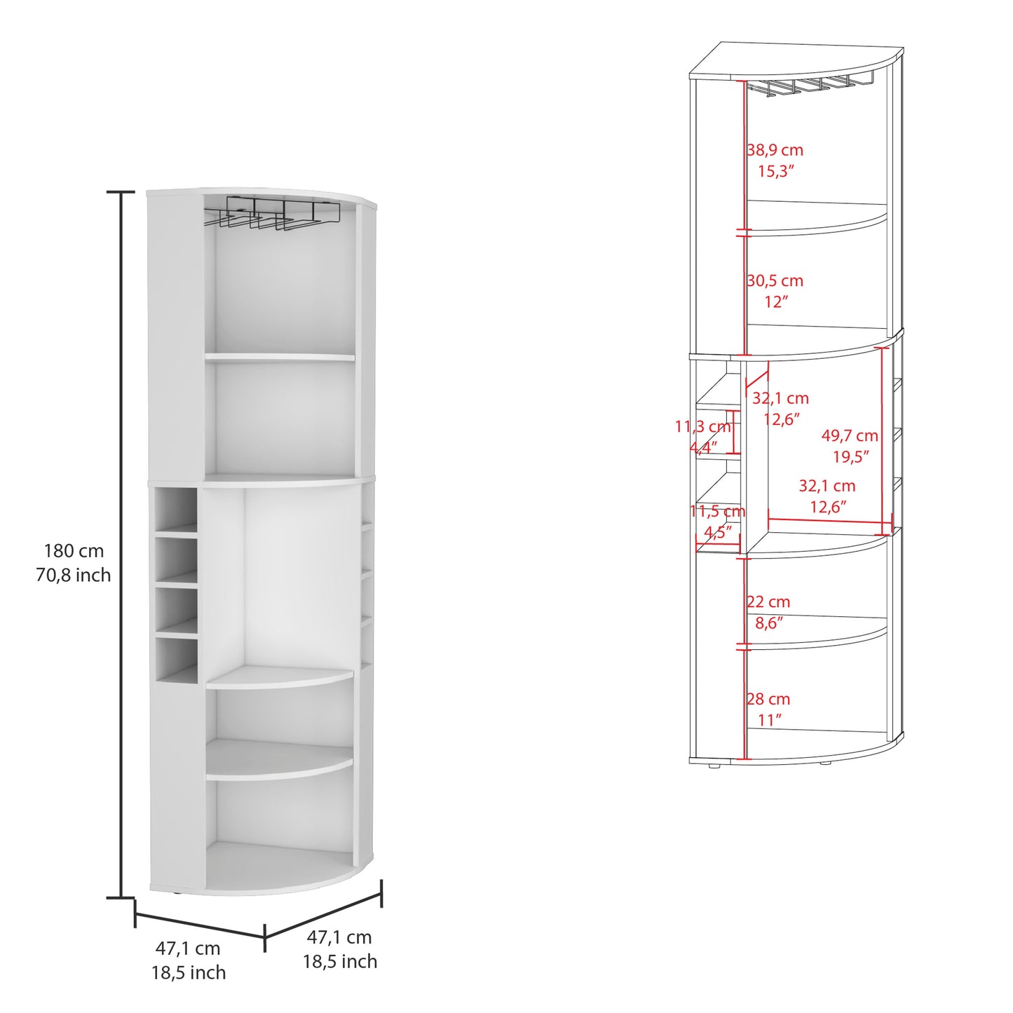 White corner bar cabinet with glass holder and tiered shelving