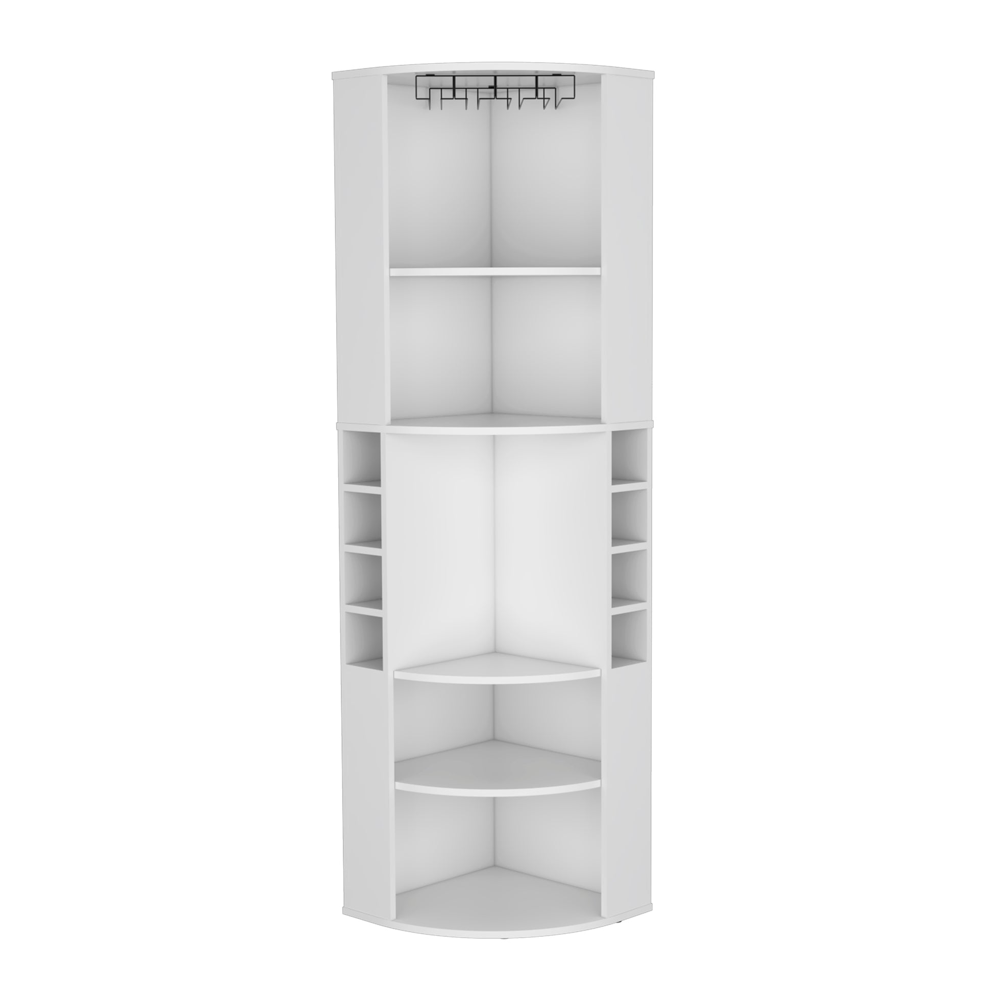 White corner shelving unit with wine glass rack