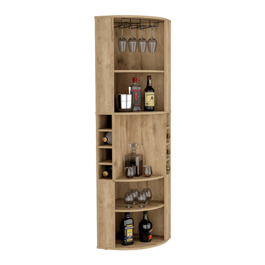 Corner bar cabinet with wine rack and glass holder in oak finish