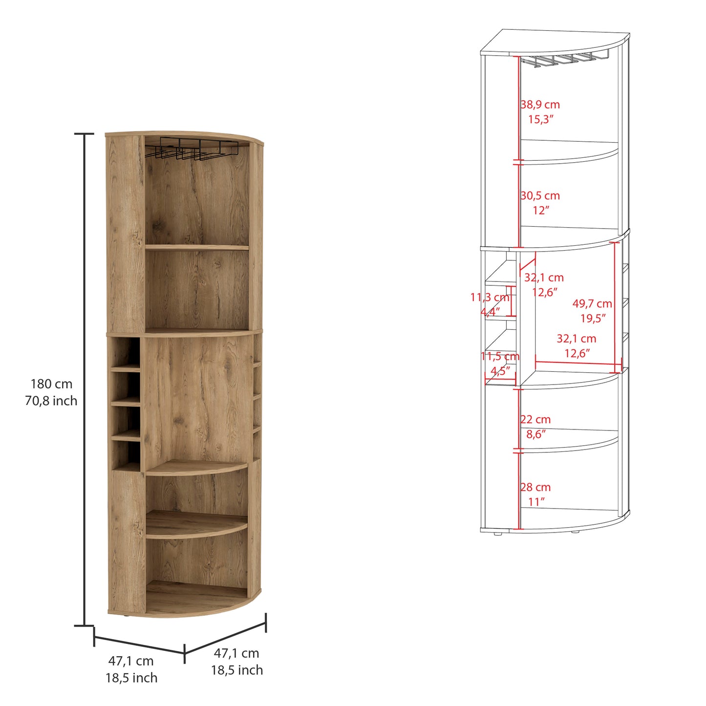 Wooden corner bar cabinet with wine glass rack and shelves