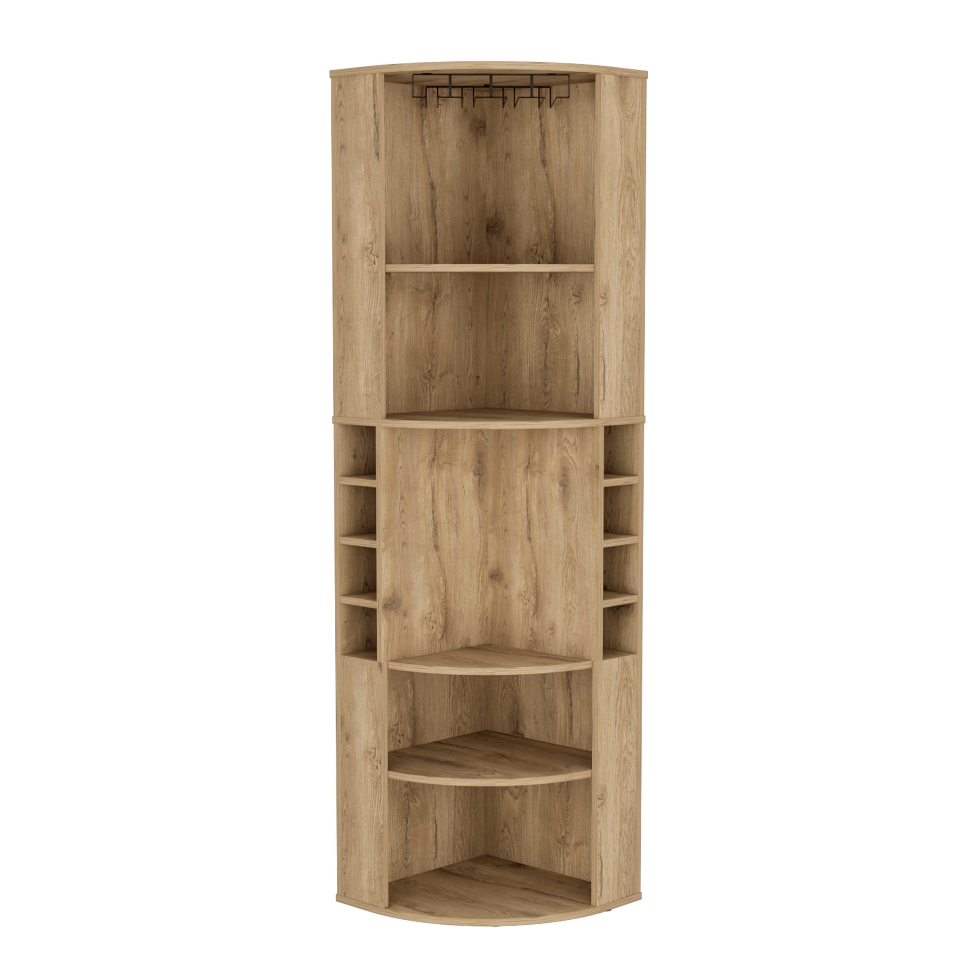 Light oak corner bar cabinet with wine glass rack and multiple shelves