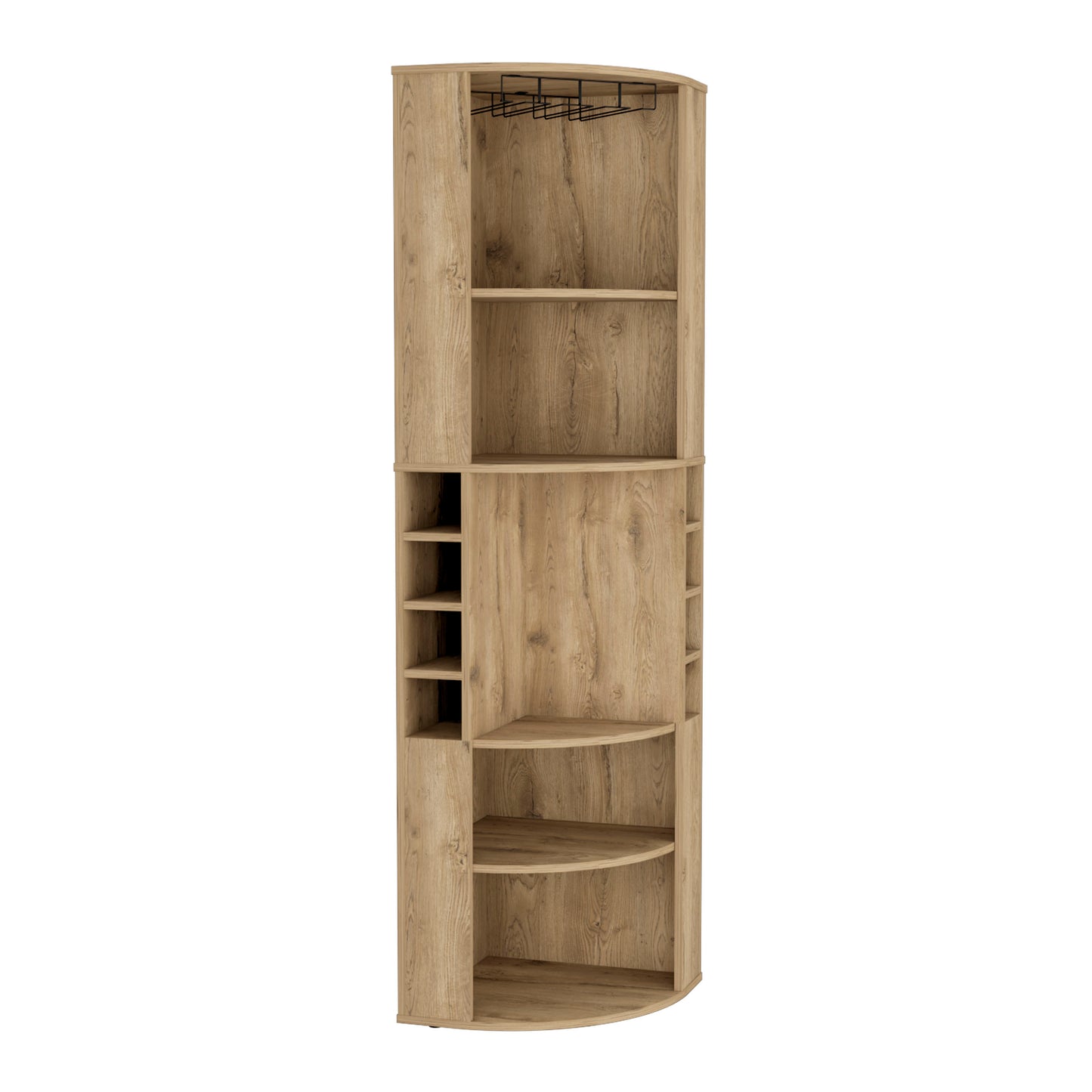 Tall wooden corner bar cabinet with wine glass rack and bottle shelves